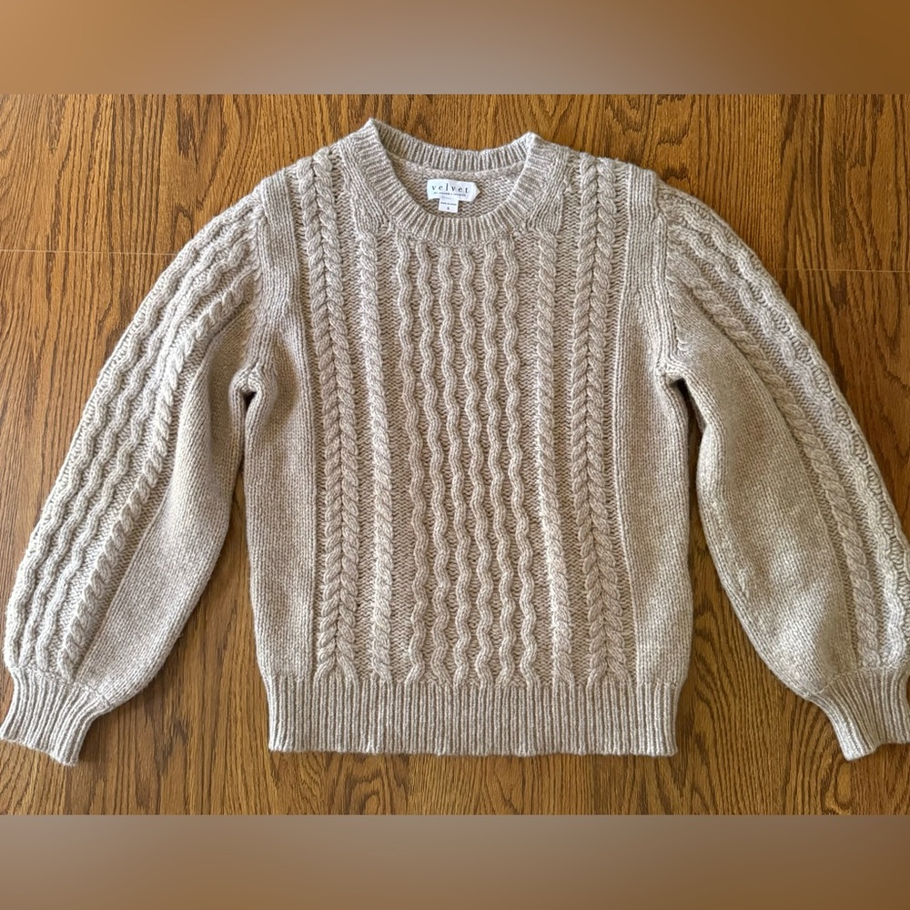 Velvet by Graham & Spencer Cable Knit Cozy Oat Crew Neck Wool Blend Sweater Sz S